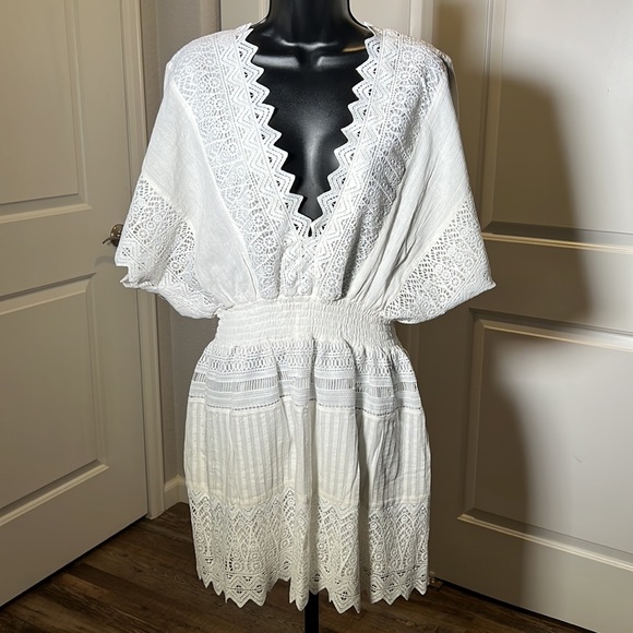 Off-White Front&Back V-Neck Mini Dress | elastic waist band | med | never worn - Picture 4 of 11